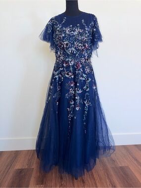 Mac Duggal Navy Floral Embroidered Tulle Gown for Girls